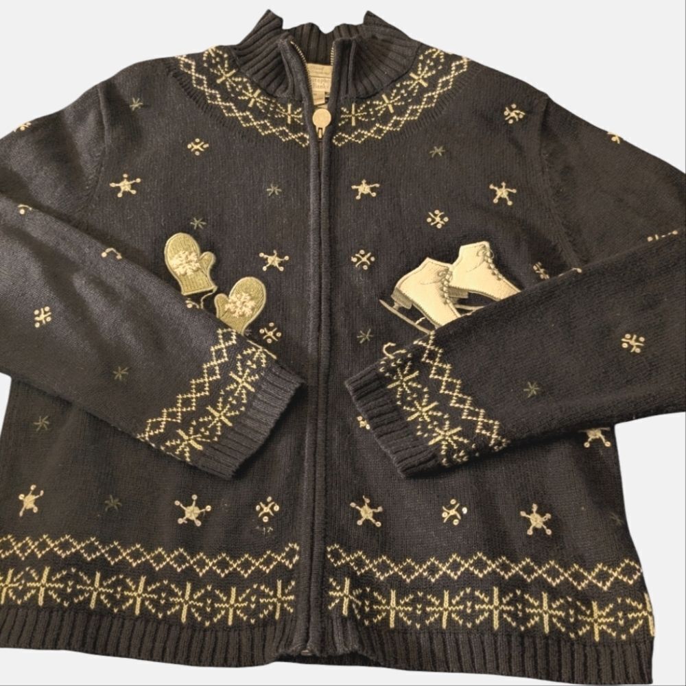Y2K Christopher & Banks‎ Hand embroidered knit cardigan sweater ice skating